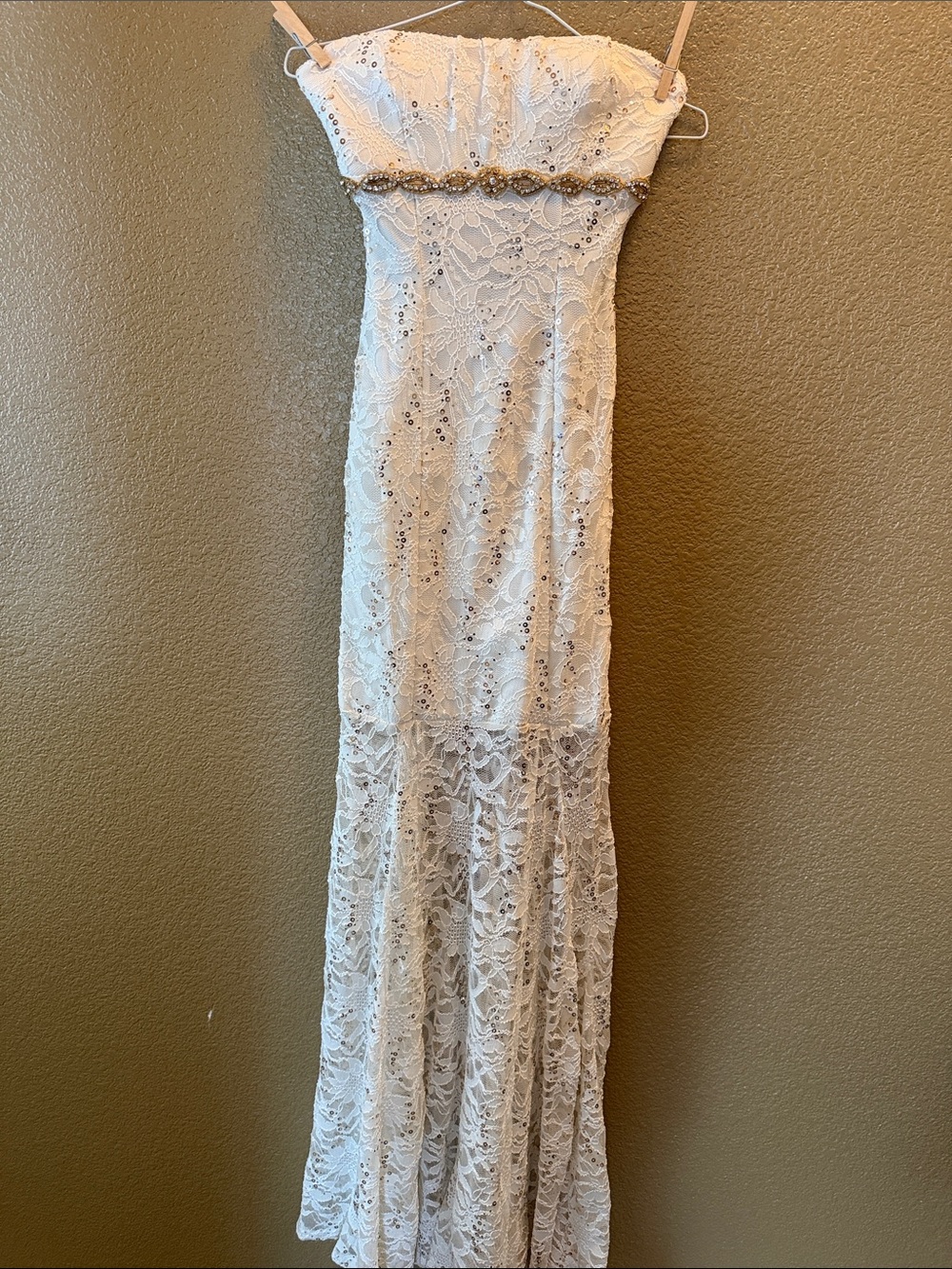 My Michelle Ivory Lace Strapless Beaded Gown
